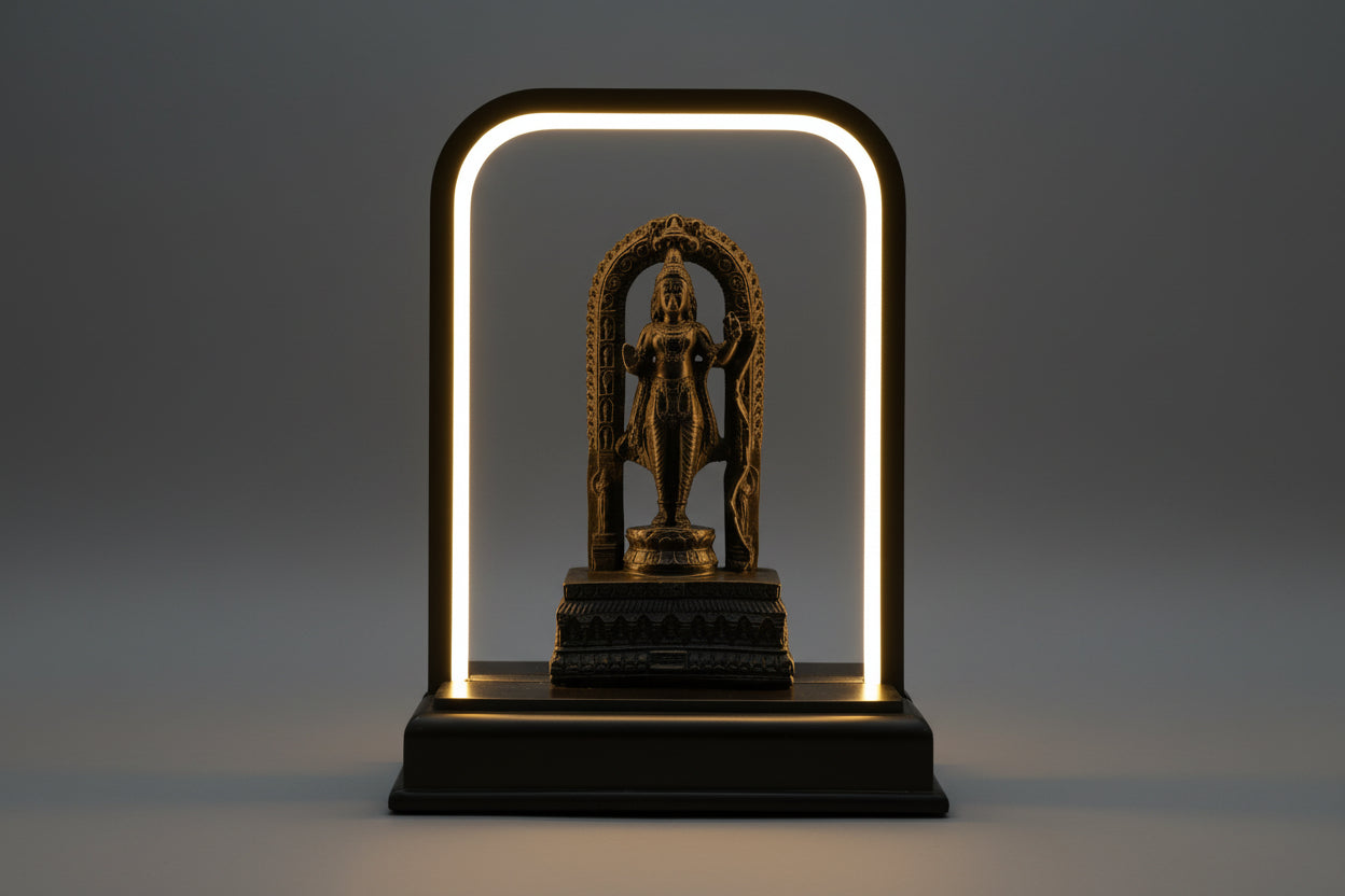 Decorative statue on a stand with a glowing arch in a blurred indoor setting