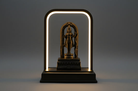 Decorative statue on a stand with a glowing arch in a blurred indoor setting