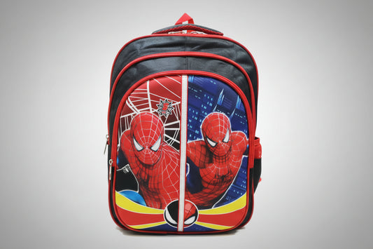 A Spider-Man themed 3D character school backpack with red and black color scheme featuring cityscape and web details.
