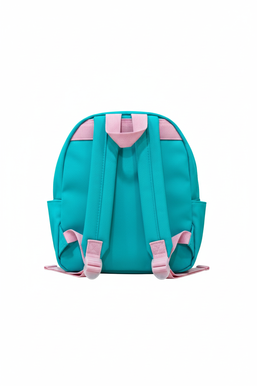 Teal backpack with pink straps on a white background