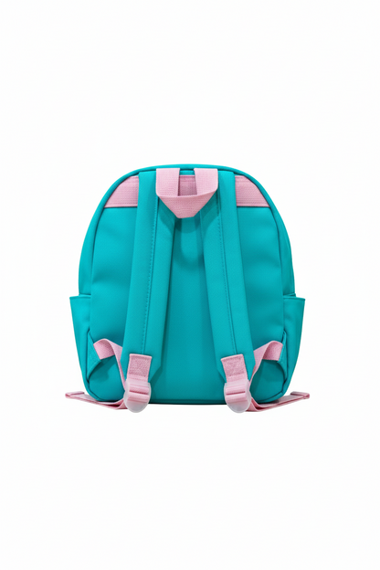 Teal backpack with pink straps on a white background