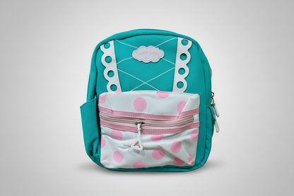 Teal backpack with pink polka dot pouch on a white background