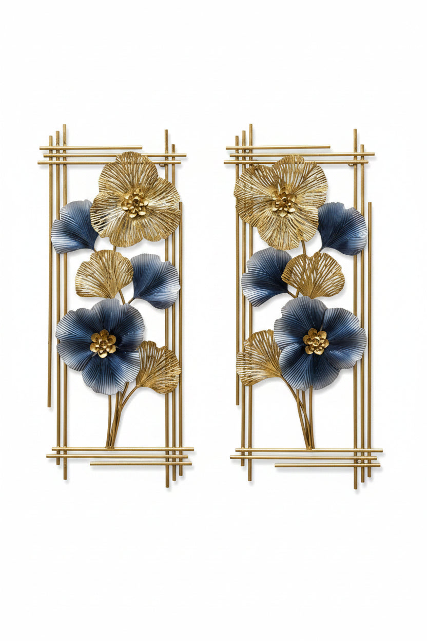 A metal wall hanging art featuring a pair of frames with floral patterns in blue and gold colors.