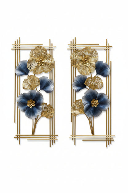 A metal wall hanging art featuring a pair of frames with floral patterns in blue and gold colors.