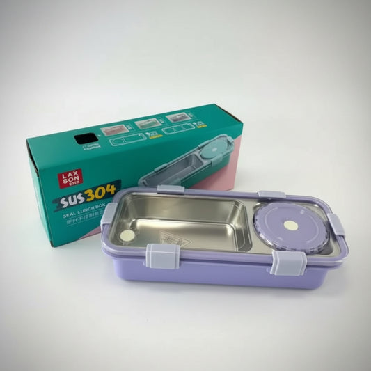 A stainless steel lunch box with compartments, shown alongside its packaging box which has 'SUS 304' printed on it, indicating the material quality.