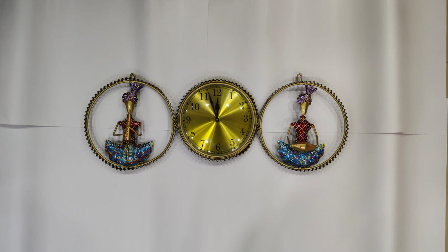 Handcrafted Brass Finish Metal Wall Clock with Rajasthani Musician Motifs