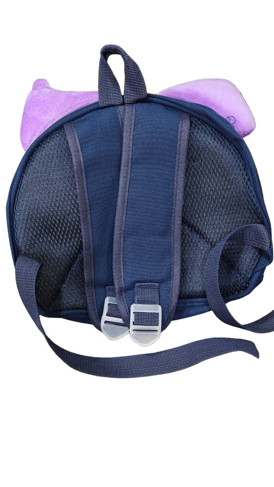 Blue backpack with purple accents on a white background