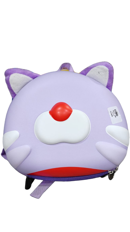 Purple cat-shaped backpack with a red nose on a white background