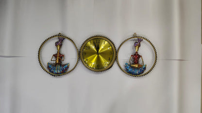 Handcrafted Brass Finish Metal Wall Clock with Rajasthani Musician Motifs