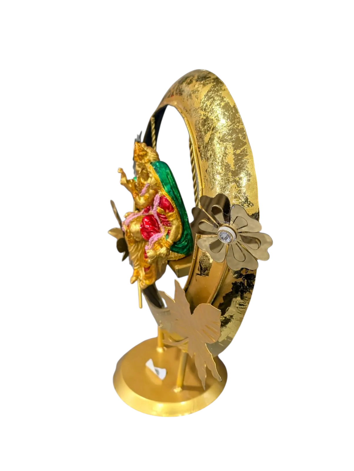Agiftshop Radha Krishna Jhula statue with gold finish, red and green attire, on a decorative swing.