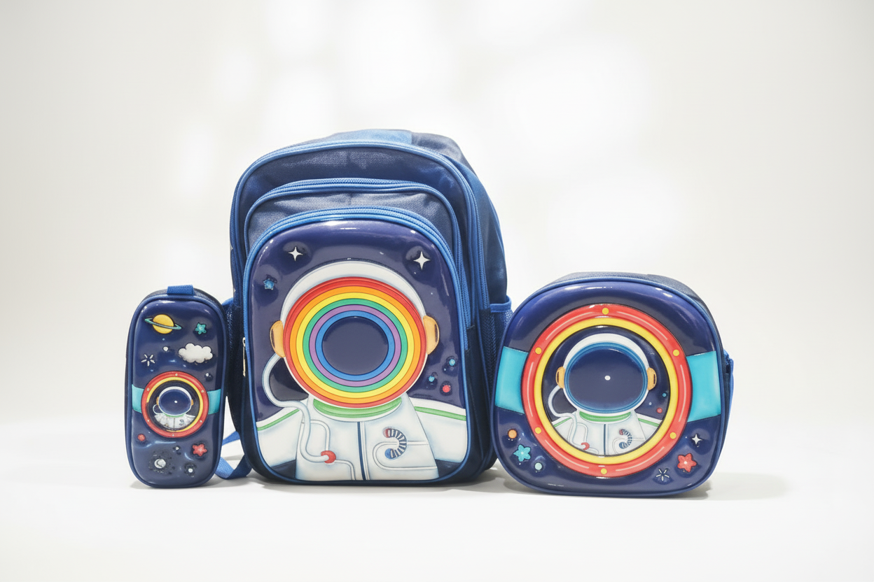 A glossy 3-in-1 bag combo set for kids featuring an astronaut theme, including a school backpack, a sling/lunch bag, and a pencil pouch with matching designs.