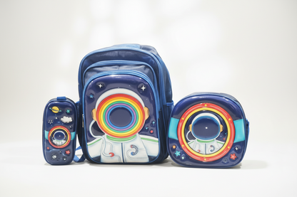 A glossy 3-in-1 bag combo set for kids featuring an astronaut theme, including a school backpack, a sling/lunch bag, and a pencil pouch with matching designs.