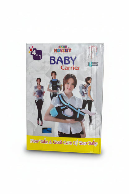 Packaging for a baby carrier showing the product and different carry positions, with a tagline and age recommendation.