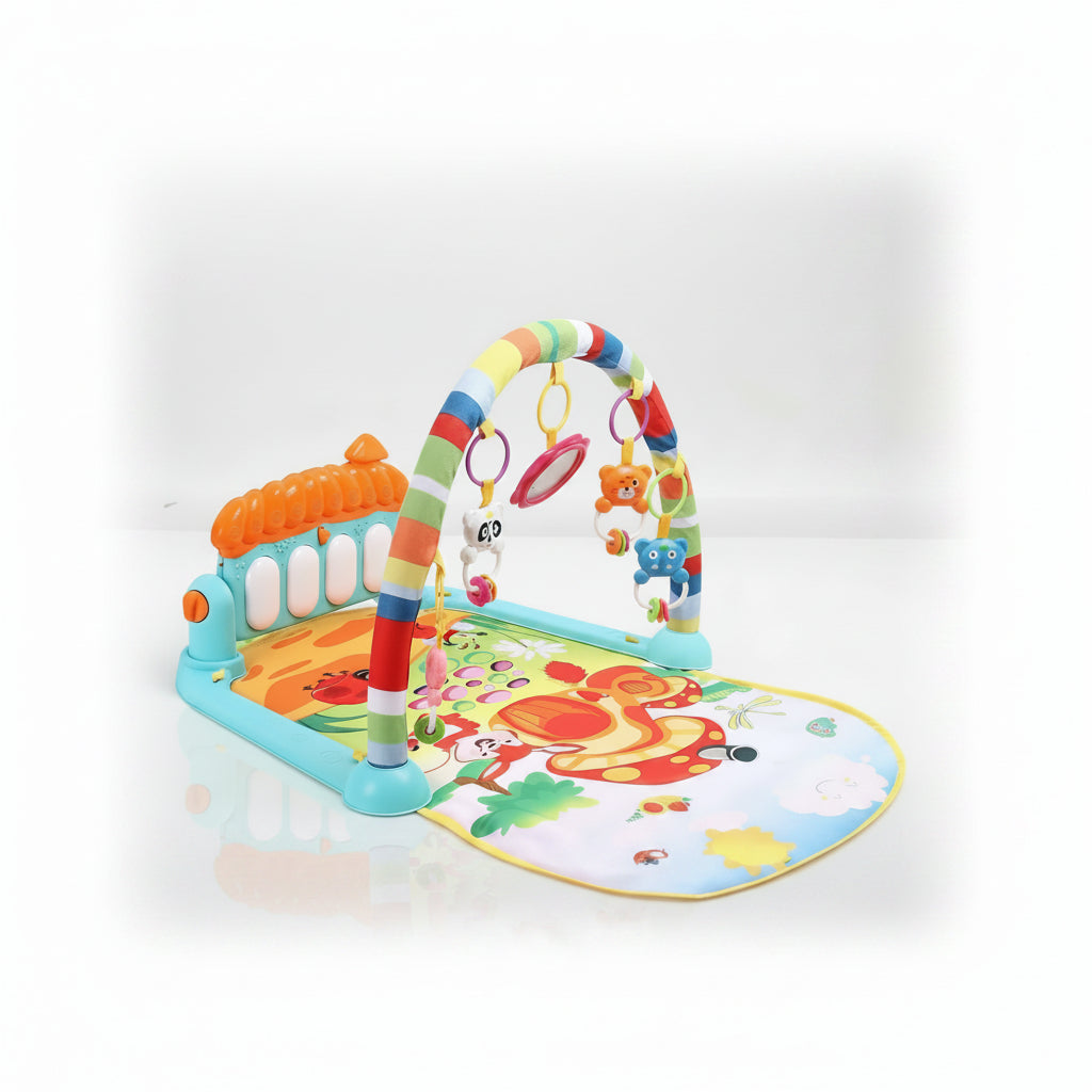 Colorful baby play gym with various toys on a light background