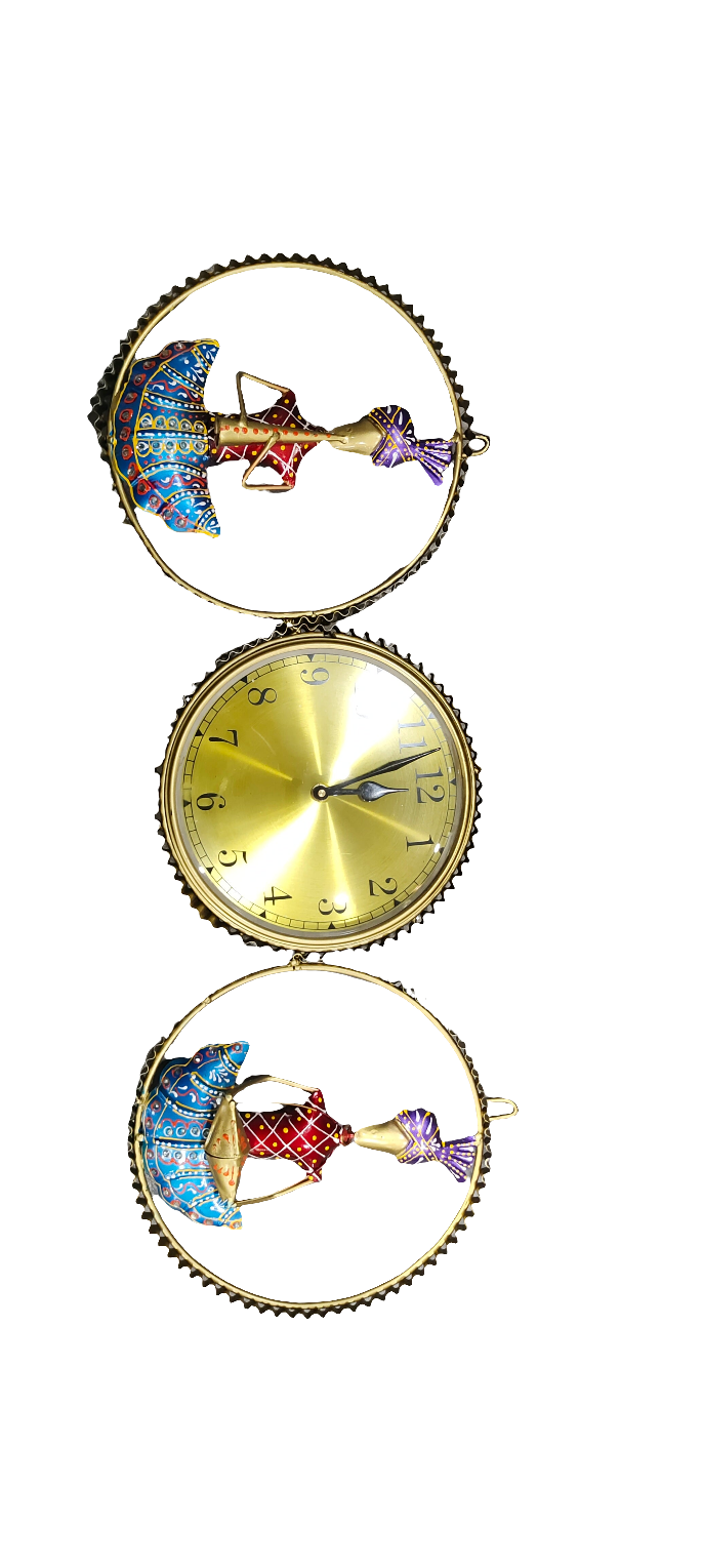 Handcrafted Brass Finish Metal Wall Clock with Rajasthani Musician Motifs