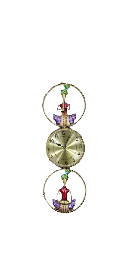 Handcrafted Brass Finish Metal Wall Clock with Rajasthani Musician Motifs