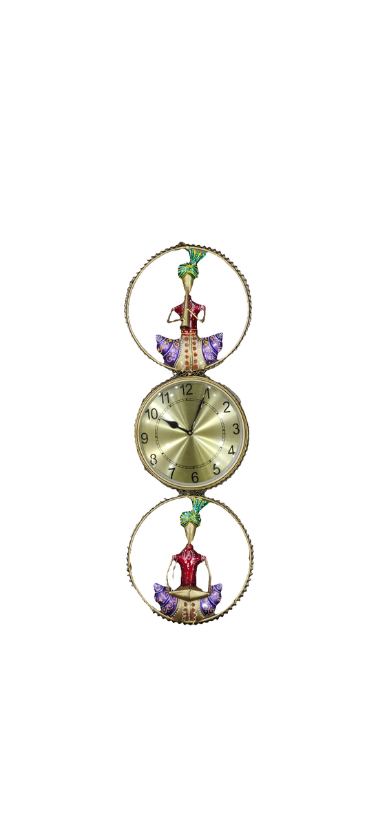 Handcrafted Brass Finish Metal Wall Clock with Rajasthani Musician Motifs