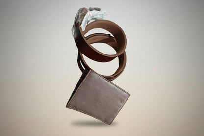 Brown leather wallet and belt on a gradient background