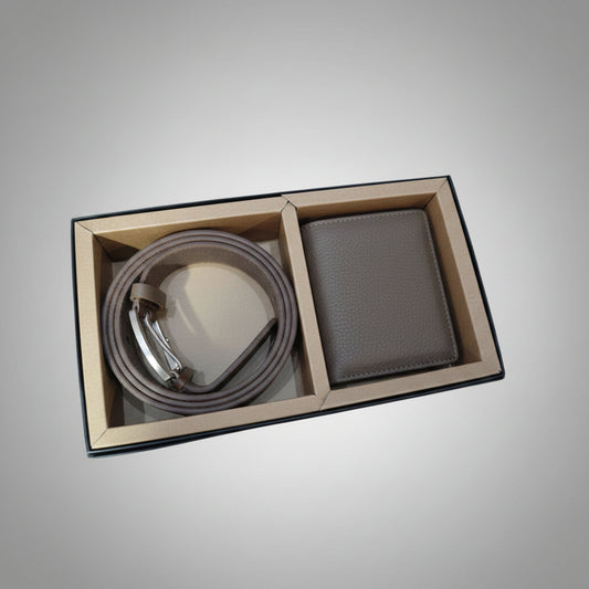 The product image shows a leather wallet and belt combo inside a box, with the belt wrapped in plastic and the wallet unfolded.