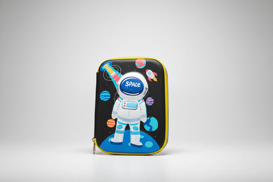 A pencil pouch featuring an astronaut design with a space theme, including planets and the astronaut in a white suit.
