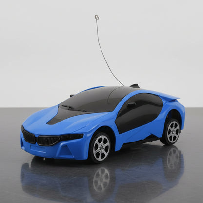A blue remote control toy car with a sleek design and a extending antenna.
