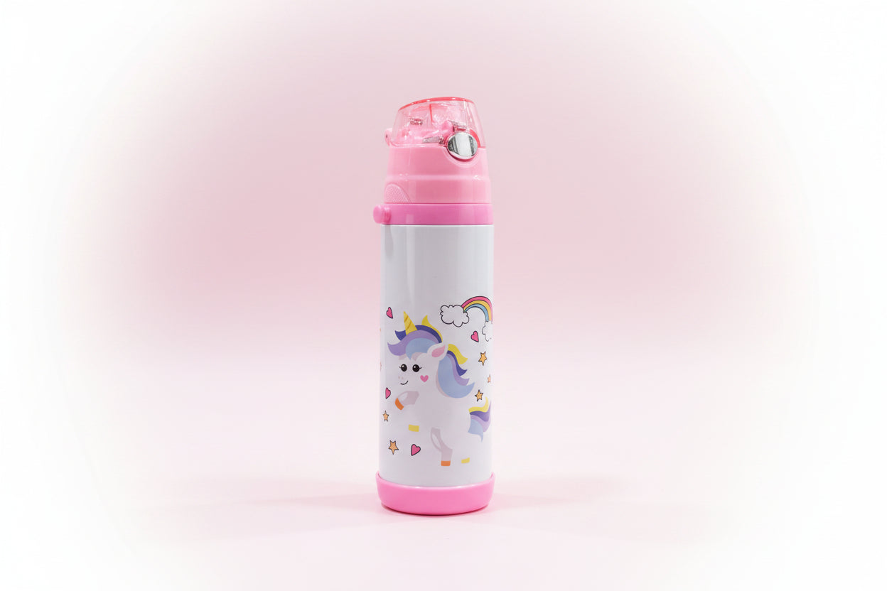 Children's water bottle with unicorn design on a white background