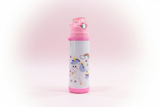 Children's water bottle with unicorn design on a white background