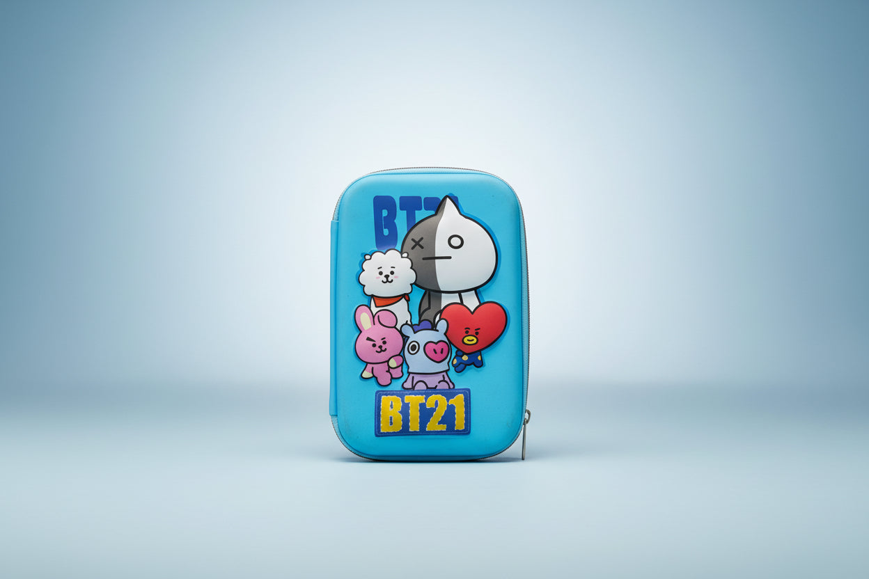 A blue pencil pouch featuring cartoon characters from BT21 on the front.