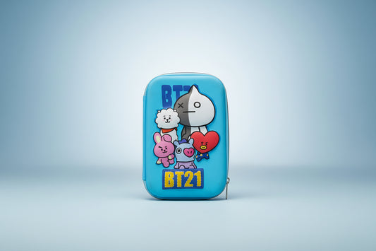A blue pencil pouch featuring cartoon characters from BT21 on the front.