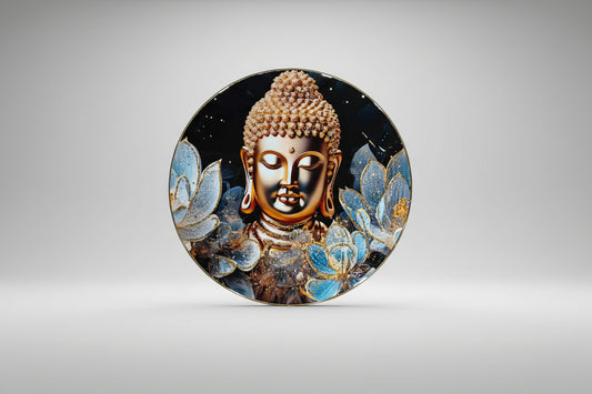 A circular Buddha wall decor featuring a gold-colored Buddha figure with a blue and white floral pattern in the background.