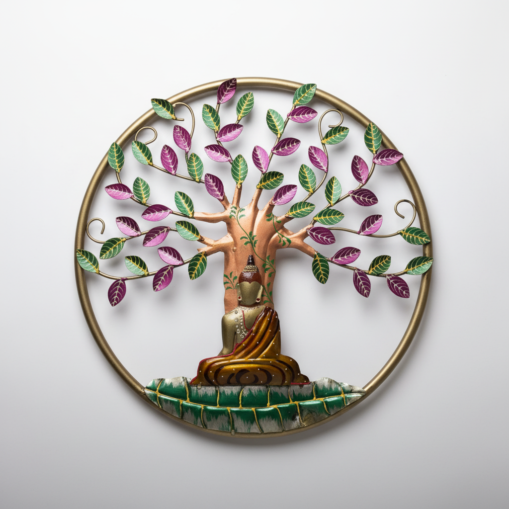 A wall-mounted metal art piece featuring a stylized tree with purple leaves and a seated Buddha figure at its base, predominantly in brown and green colors.