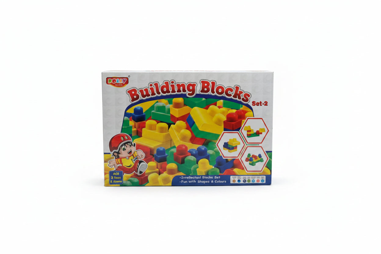 A set of colorful building blocks designed for toddlers, with a cartoon character on the packaging.