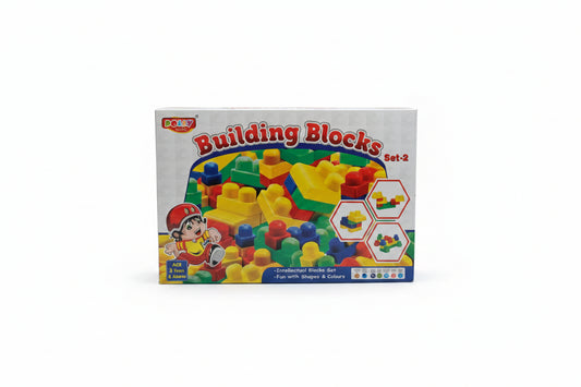 A set of colorful building blocks designed for toddlers, with a cartoon character on the packaging.