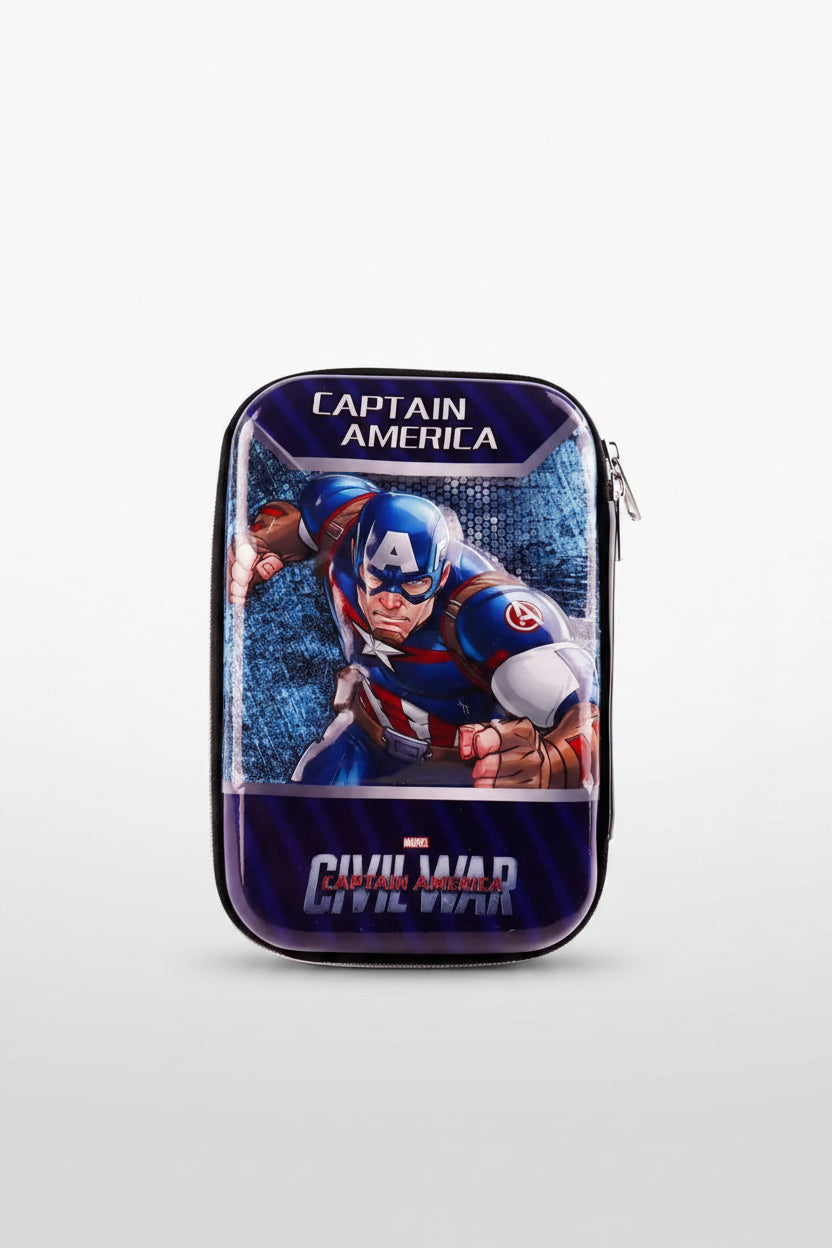 A 3D Captain America pencil box featuring an image of the character in his iconic blue and red costume against a faux-3D blue background with 'CAPTAIN AMERICA' and 'CIVIL WAR' text.