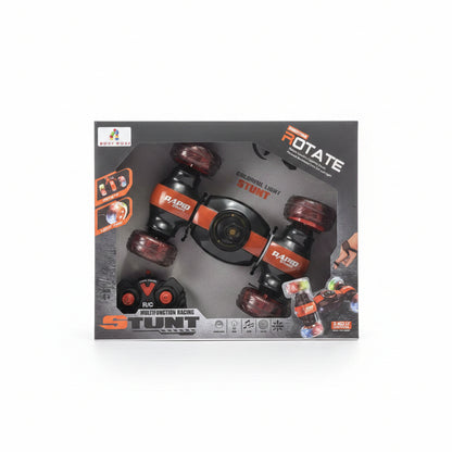 A black and red Rotate Stunt RC Car with visible LED lights, packaged in a box with the product name and images of the car in action performing stunts.