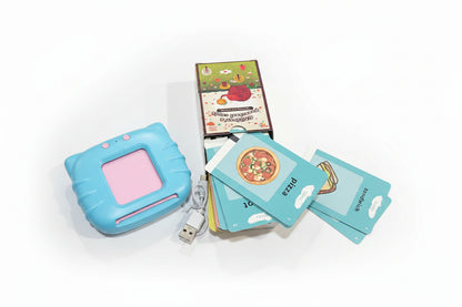 Blue toy device with pink screen and accessories on a white background