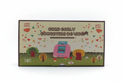 Educational toy packaging with a pink device and nature-themed design on a white background