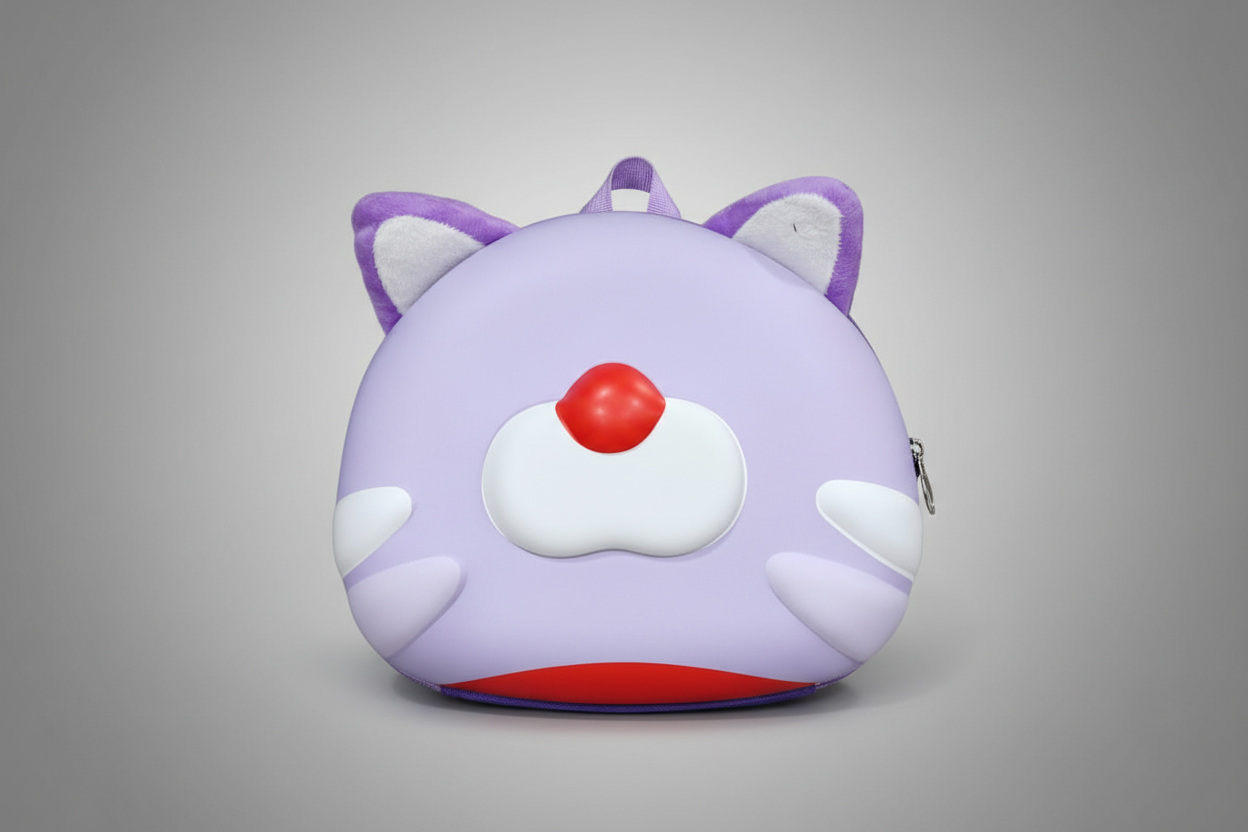 Purple cat-shaped backpack with a red nose on a white background
