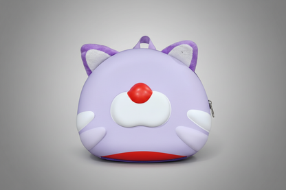 Purple cat-shaped backpack with a red nose on a white background