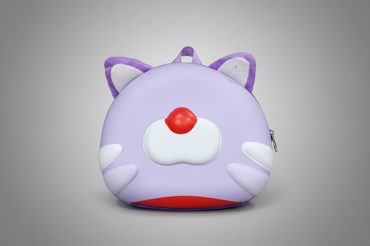 Purple cat-shaped backpack with a red nose on a white background