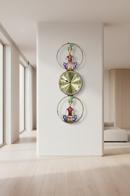 Decorative wall clock with colorful pendulum on a white background