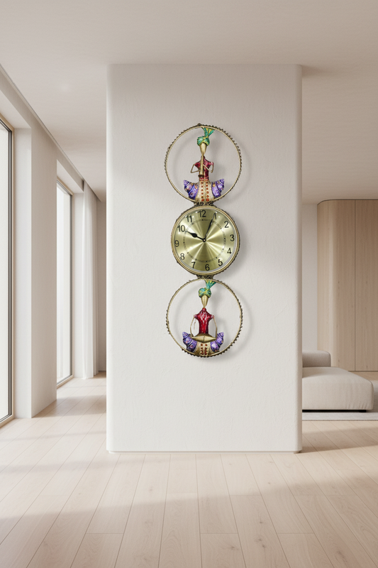 Decorative wall clock with colorful pendulum on a white background