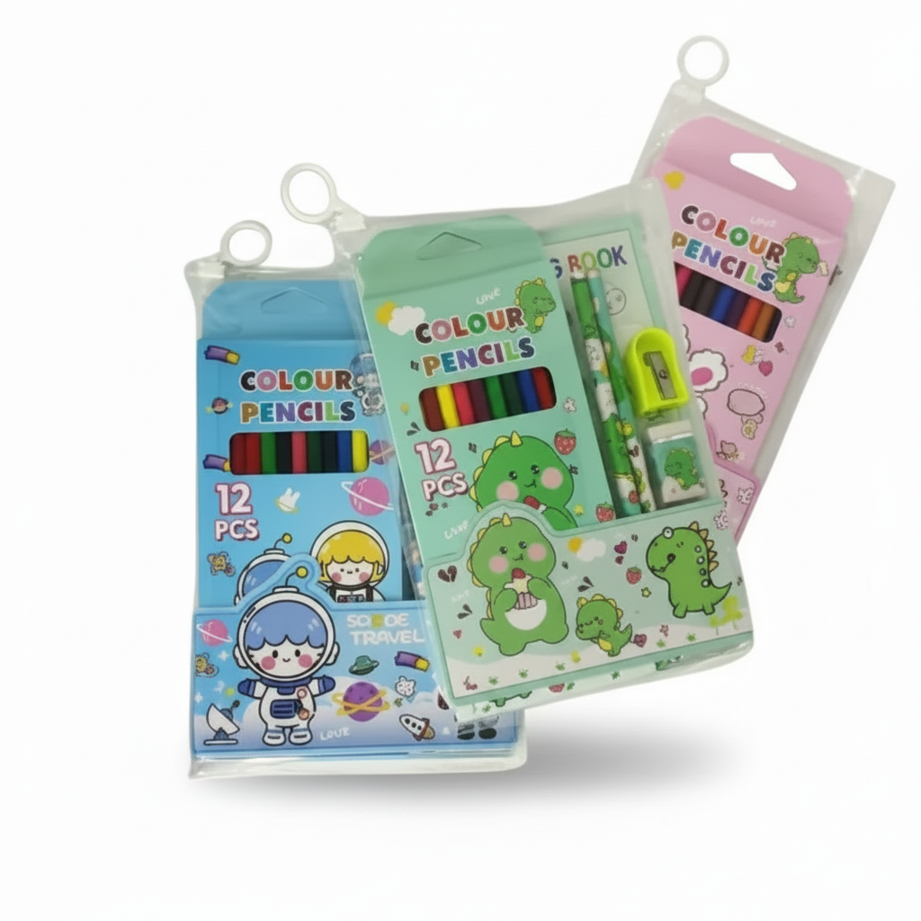 A collection of colorful pencils, a drawing book, and stationery items with cartoon character designs.