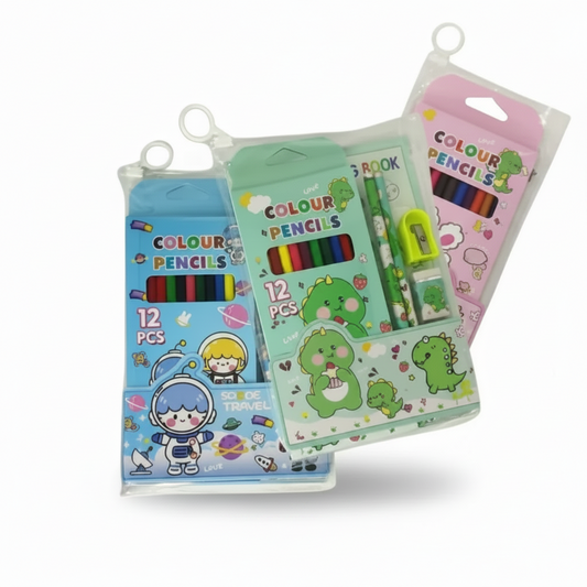 A collection of colorful pencils, a drawing book, and stationery items with cartoon character designs.