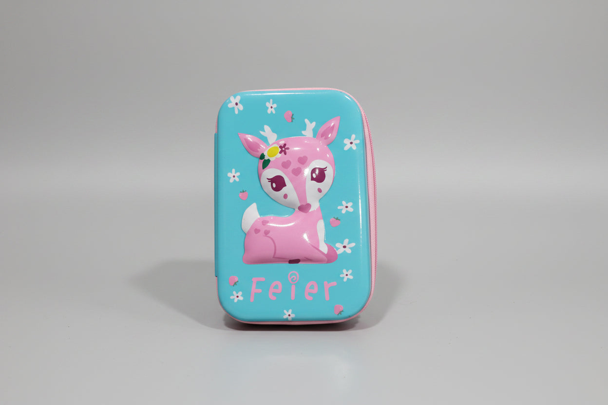 A blue pencil pouch with a cute pink deer design, along with flowers and the text 'Feier'.