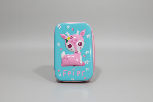 A blue pencil pouch with a cute pink deer design, along with flowers and the text 'Feier'.