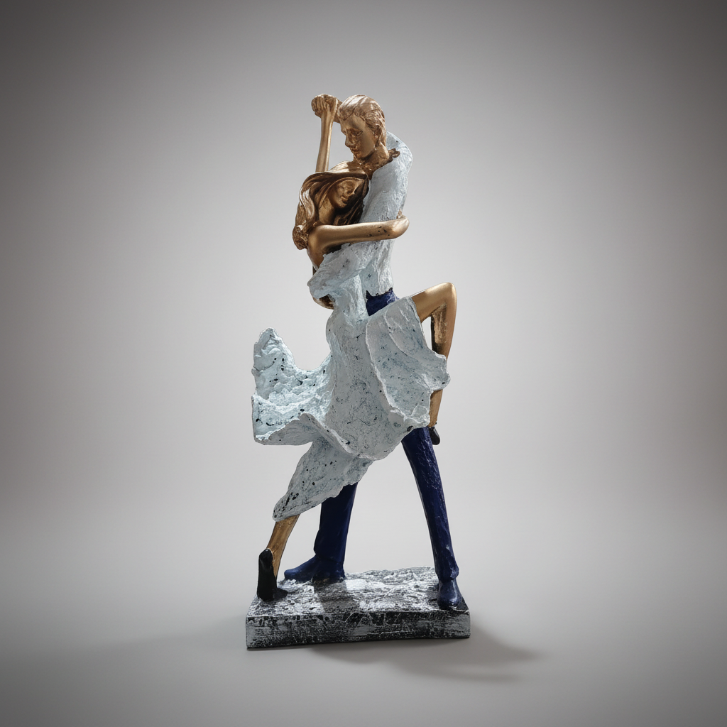 A white Tango dancing couple statue made of polyresin, featuring a man and a woman in a dynamic dancing pose.