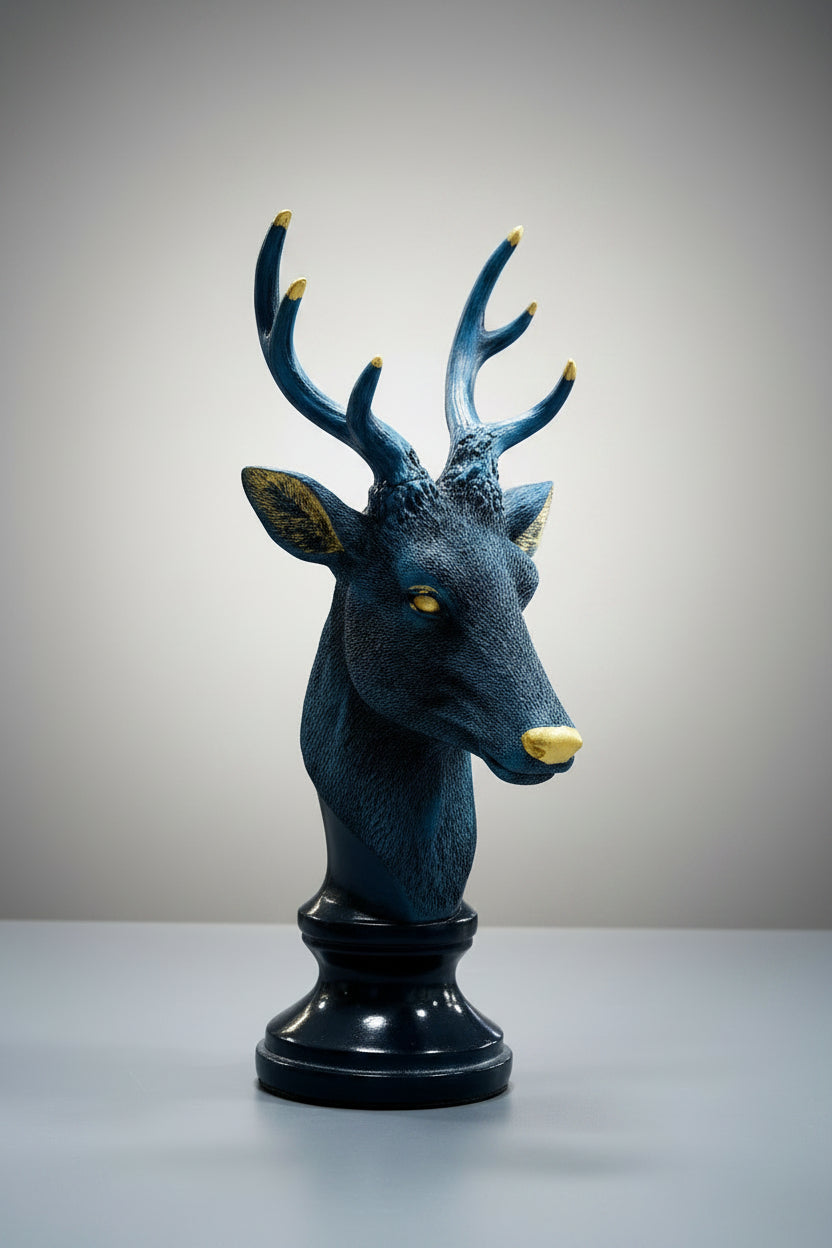 Decorative deer head sculpture with blue and gold accents on a white background