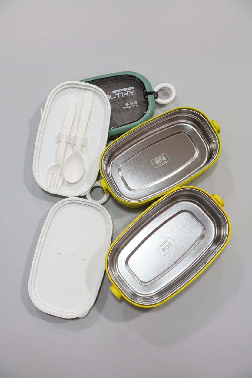 A collection of tedemei double story stainless steel lunchboxes, displayed in various colors (green, yellow, and silver) with the lunchbox's lid, food compartment, and cutlery set (spoon and fork) visible.