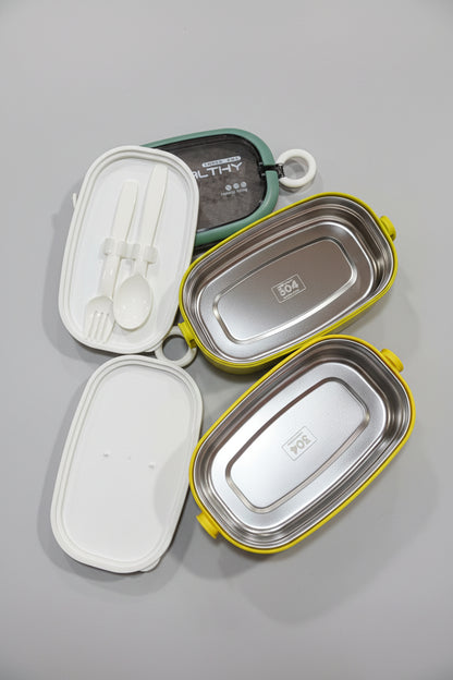 A collection of tedemei double story stainless steel lunchboxes, displayed in various colors (green, yellow, and silver) with the lunchbox's lid, food compartment, and cutlery set (spoon and fork) visible.